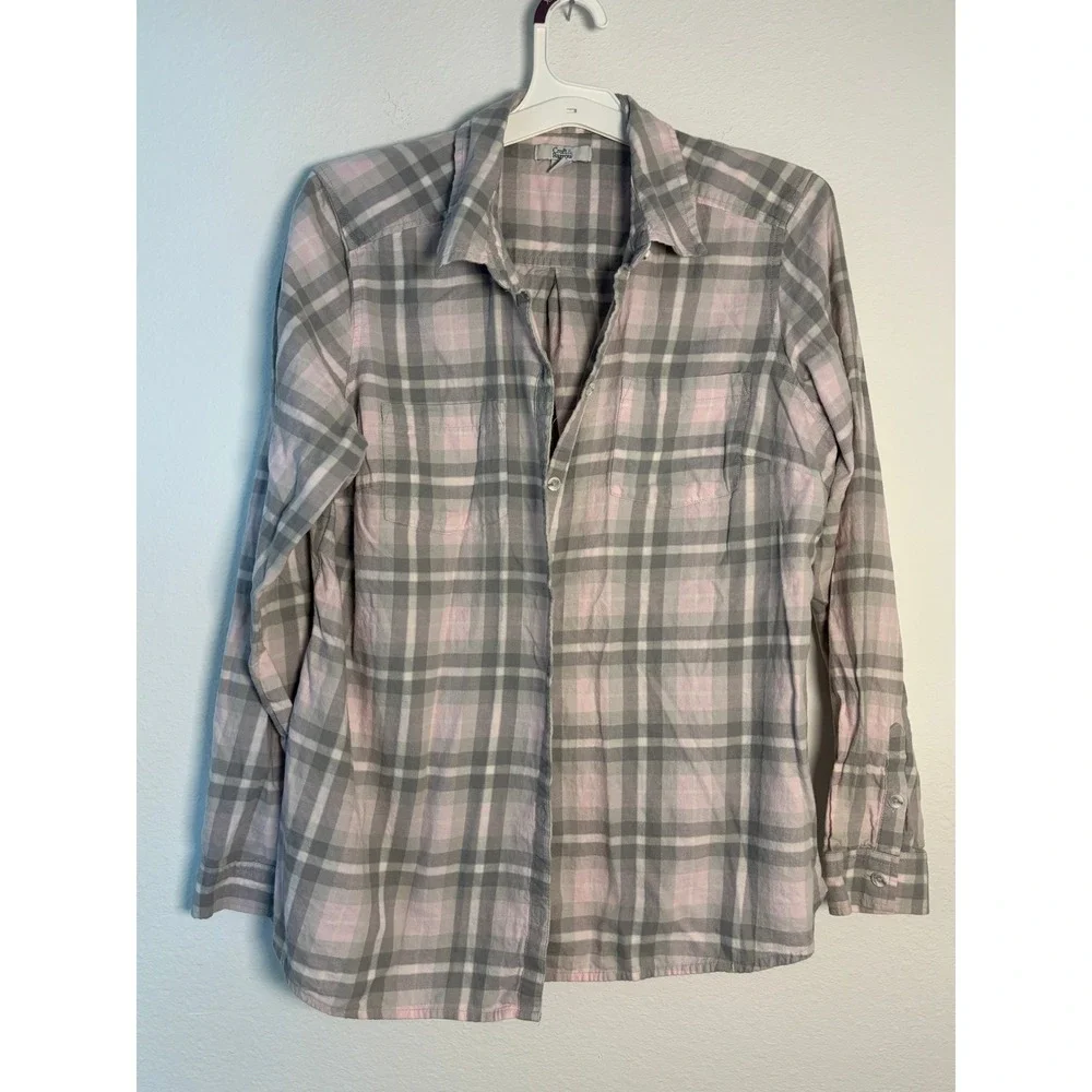 Croft & Barrow Womens XL Pink Grey Plaid Button Down Shirt Long Sleeve Pockets - Picture 1 of 5